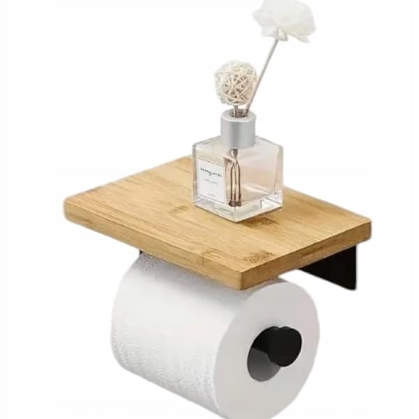 Toiletpapirholder Krog Sort Loft med bambushylde selvklæbende