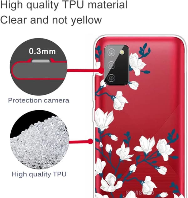 ETUI TIL SAMSUNG GALAXY A02s TRANSPARENT SILIKONE HVIDE BLOMSTER