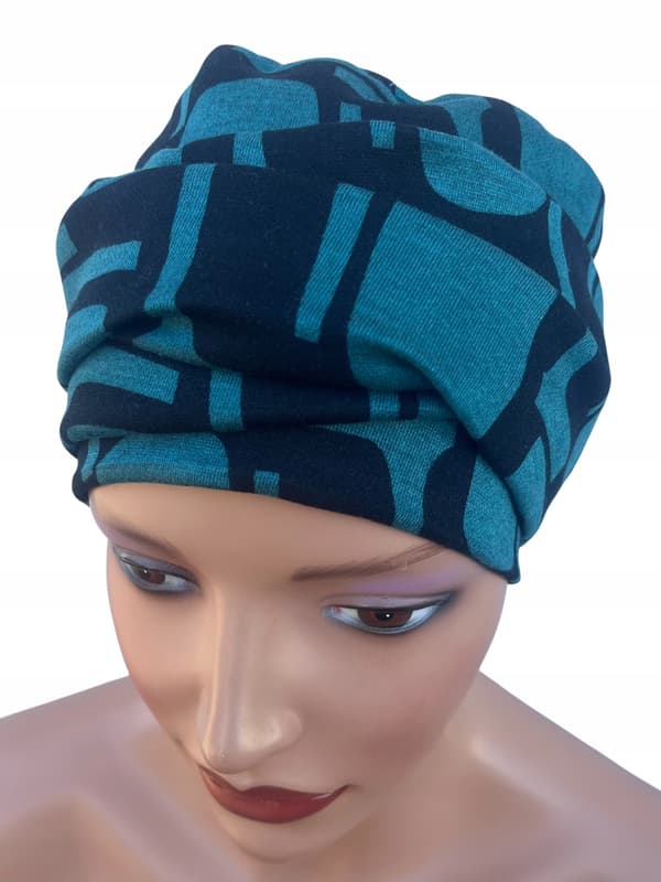 Varm vintermössa, Aurora 453 turban med pannband - blått foder
