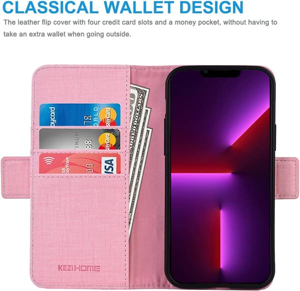 ETUI MED FLAP TIL APPLE IPHONE 13 PRO 6.1" ROSA GRÅ + 2x GLAS