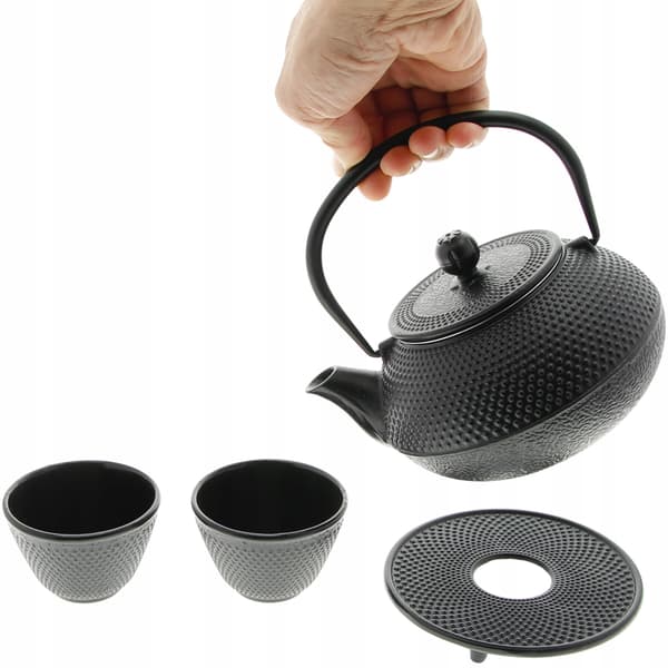 Støbejernskedel 0,8L te- og urteinfuser + 2 kopper og stativ