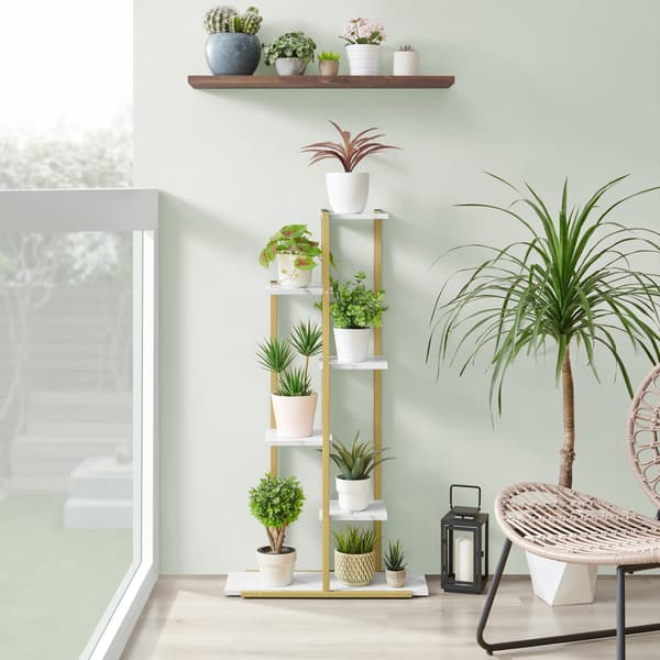 Blomsterstativ med 6 hylder - marmor / guldben
