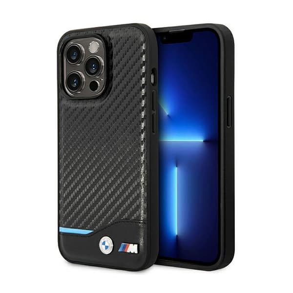 BMW Læder Carbon Blue Line - iPhone 14 Pro Etui (Sort)
