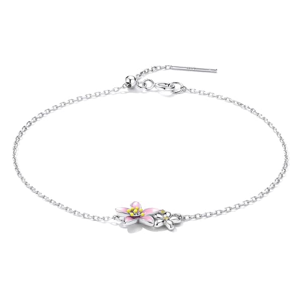 Silverarmband med rosa blomma och justerbar längd, 925 silver