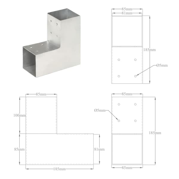 vidaXL L-formet stolpeforbindelse galvaniseret metal 81x81 mm