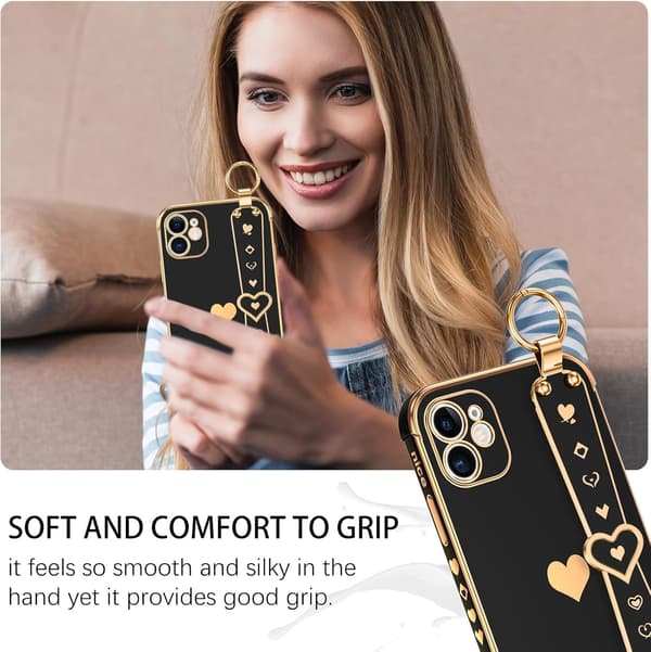 APPLE IPHONE 11 SILIKONE ETUI SORT GULD HJERTE + HOLDER A2111