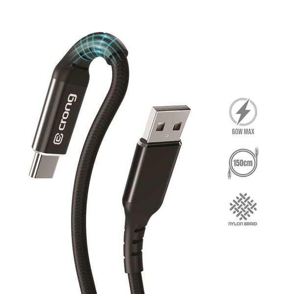Crong Armor Link - 60W PD 3A USB-A til USB-C kabel 150cm (sort)