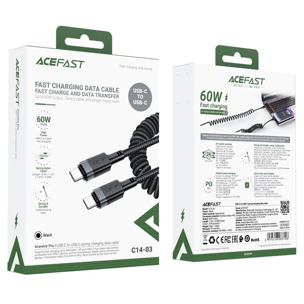 Acefast C14-03 USB-C - USB-C Jousikaapeli 480Mb/s 3A 1.2m - Musta