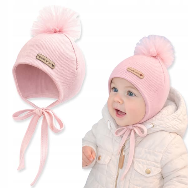 Flickmössa storlek 46-48 knuten 2 lager pompom Vår Höst ROSA