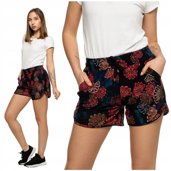 Dameshorts med elastisk linning, bundet, løs, klassisk, blomsterprint, MORAJ 3XL
