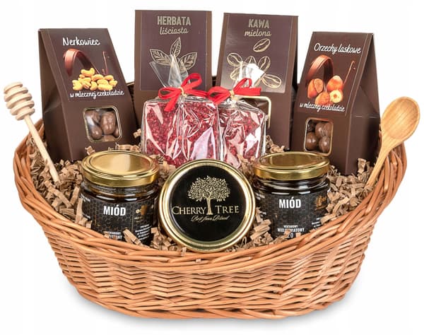 Presentkorg-set mörk med te, kaffe, sötsaker, honung och sylt
