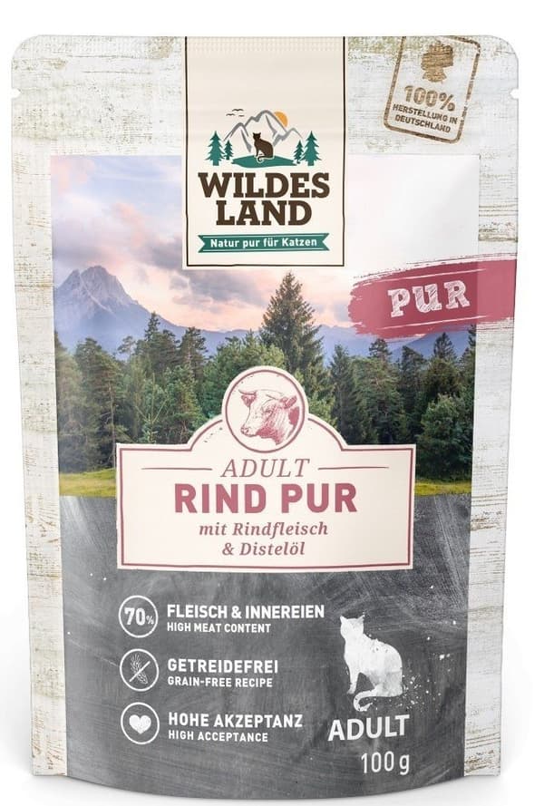 Wildes Land Kat | Vådfoder til Katte | Pose - Oksekød med Saflorolie 100g