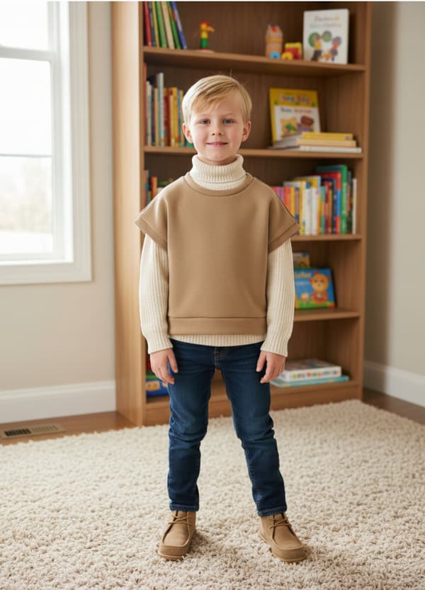 Barn poncho 122 väst cape värmande bomull med ludd beige