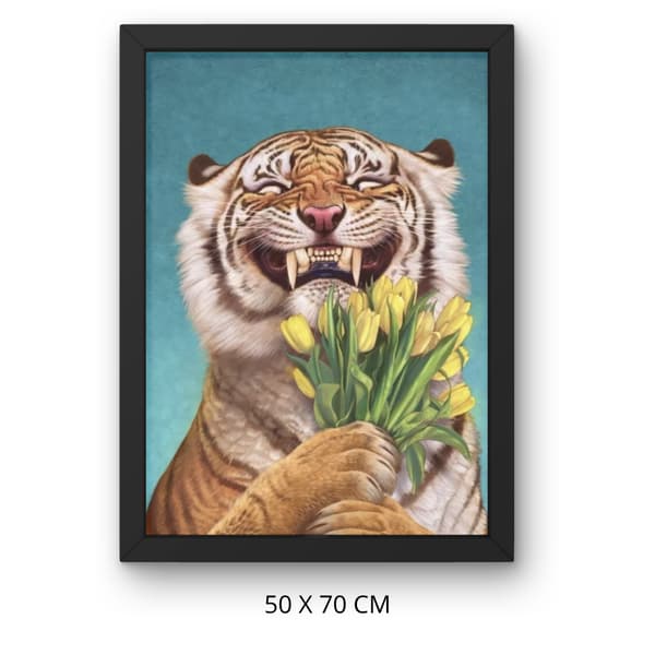 Mal efter tal billede med ramme Tiger med blomster 50x70 cm