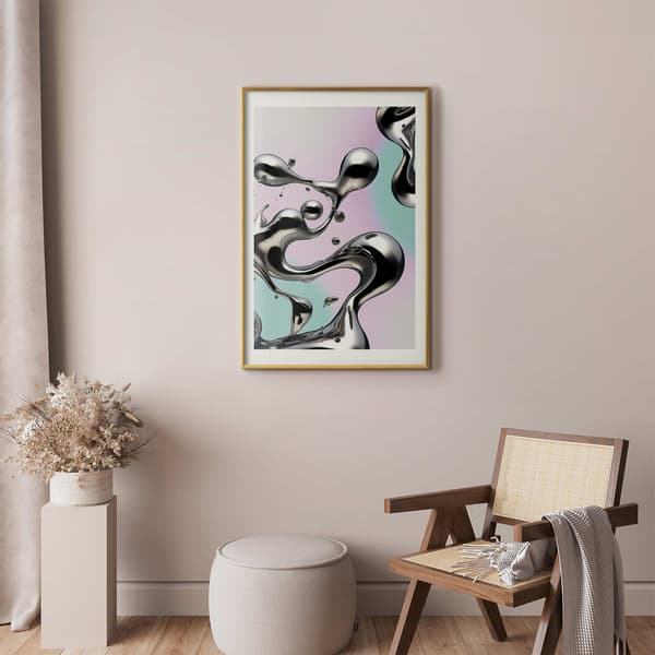 Plakat - Metalliske Strømme - abstrakte sølvformer på mint-violet baggrund