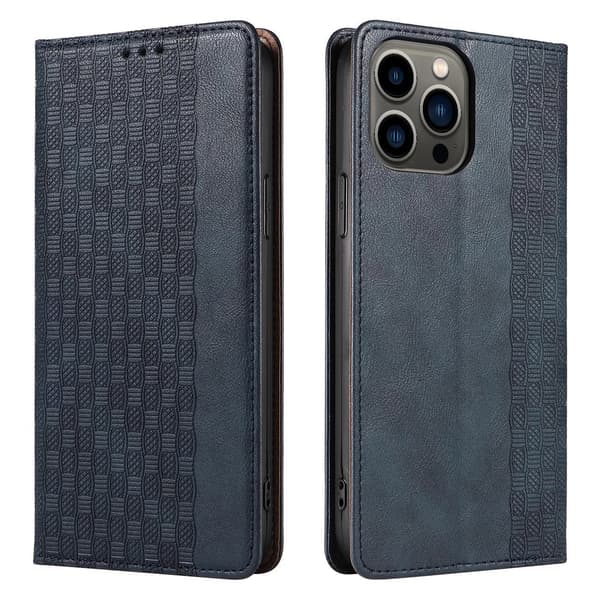 Magnetrem-cover til iPhone 14 Plus med flip-cover, pung, mini-snor, holder, blå