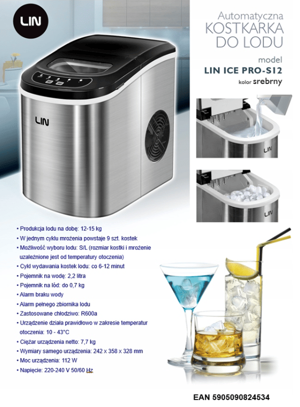 LIN ICE PRO-S12 silverfärgad iskubsmaskin, kapacitet 2,2 l