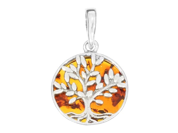 Sølvoxideret Livets Træ Vedhæng med Rav Heldig Amulet