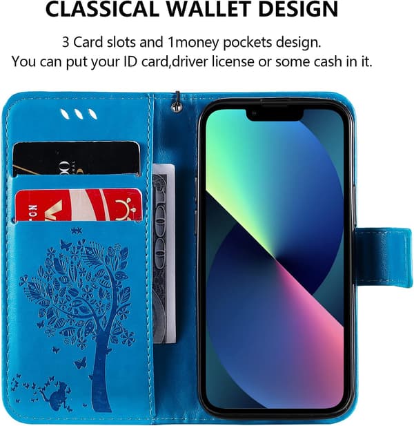 APPLE IPHONE 13 PRO FLAPSKAL BLÅTT TRÄD + 2x HÄRDAT GLAS