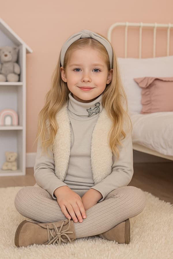 Barn polotroja 116 stickad tröja med tryck beige