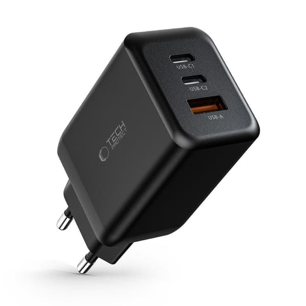 TECH-PROTECT C65W 3-PORTS NETVÆRKSOPLADDER PD65W/QC3.0 SORT