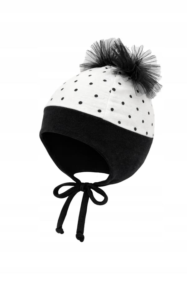 Flickmössa 44-46 Muslin Bomull Knuten 2 Pompoms Vår Sommar VIT