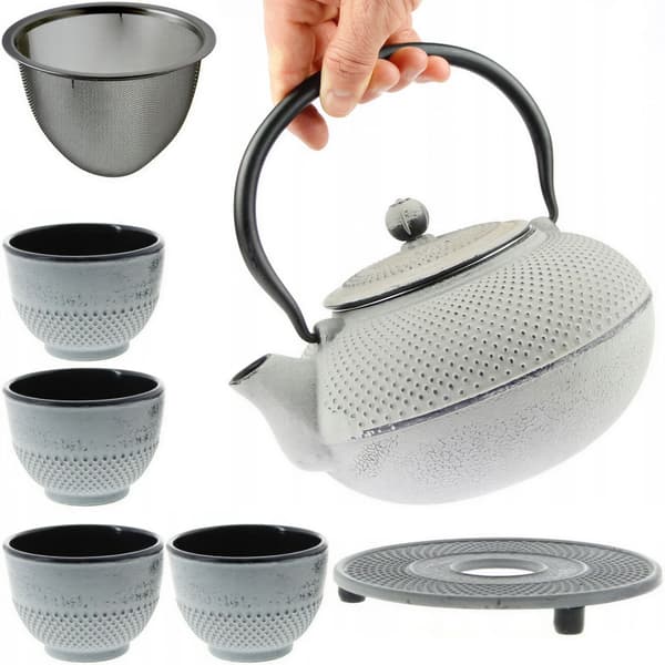 Støbejernskedel 1,5L teinfuser 4 kopper 5-delt sæt til gave