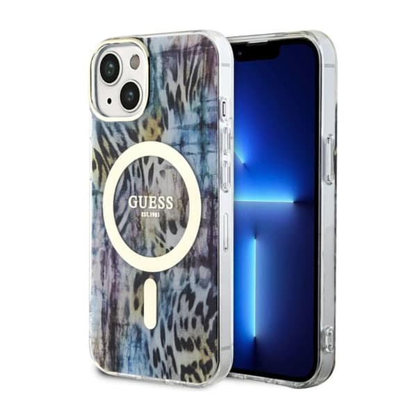 Guess Leopard MagSafe - iPhone 14 -kotelo (sininen)