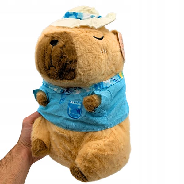 Maskotti pluushukka kapibara kylpyvieras paita hattu hellittelylelu 30cm