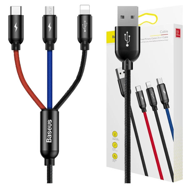 Baseus 3-i-1 USB-kabel USB-C / Lightning / Micro 3A 1,2 m (sort)