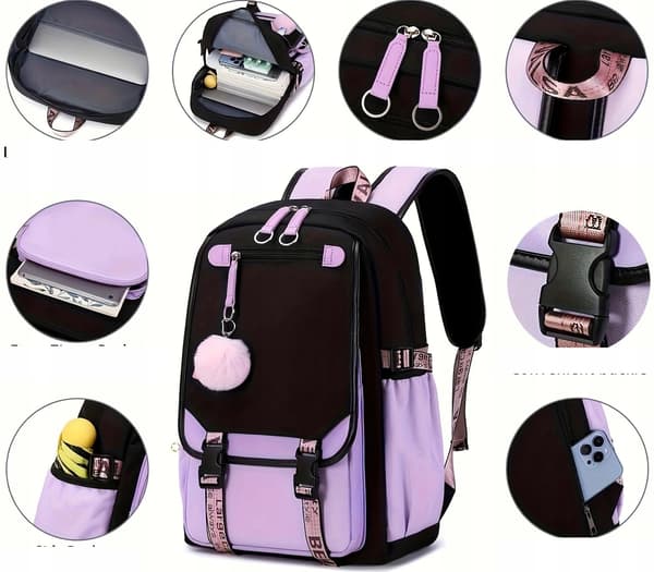 Skolerygsæk Ungdoms Satchel Multi-rums penalhus USB mavetaske