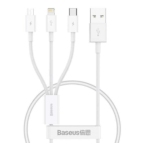 Baseus Superior Data USB-pikalatauskaapeli M+L+C-laitteille 3.5A 0.5M (valkoinen)