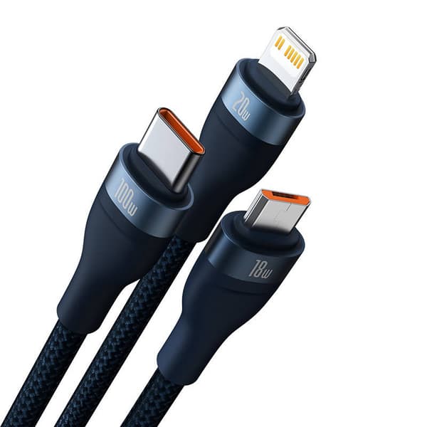 Baseus Flash Series 2 3-i-1 USB-kabel, USB-C + micro-USB + Lightning, 100W, 1,2m (blå)