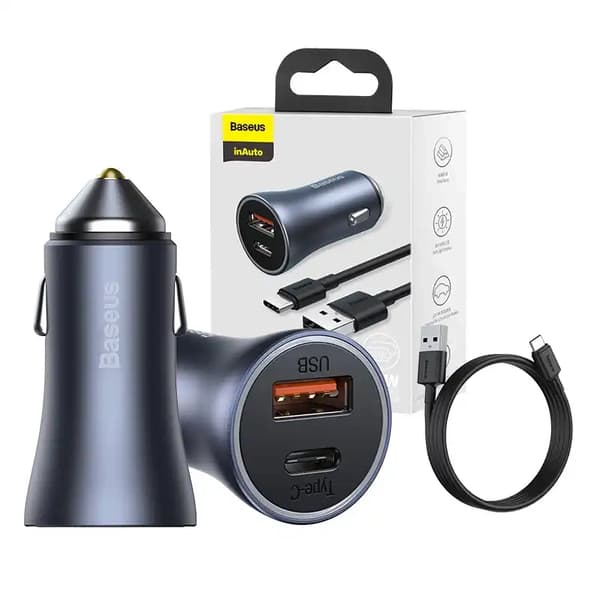 Baseus Golden Contactor Pro biloplader, USB + USB-C, QC4.0+, PD, SCP, 40W (grå) + USB til USB-C kabel 1m (sort)