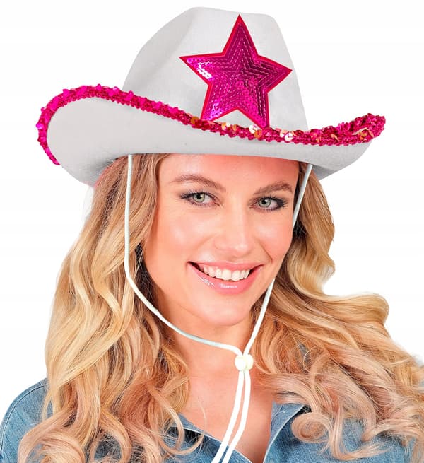 Hvid cowboyhat med lyserøde stjerne-pailletter til polterabend