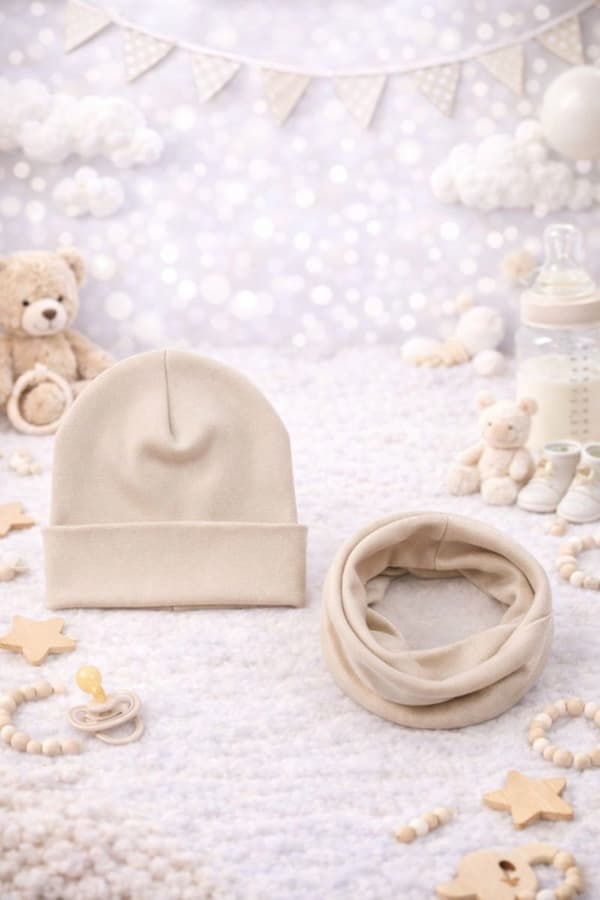 Set MÖSSA + HALSDUK 56-68 babyset 34/38 VÅRBEIGE