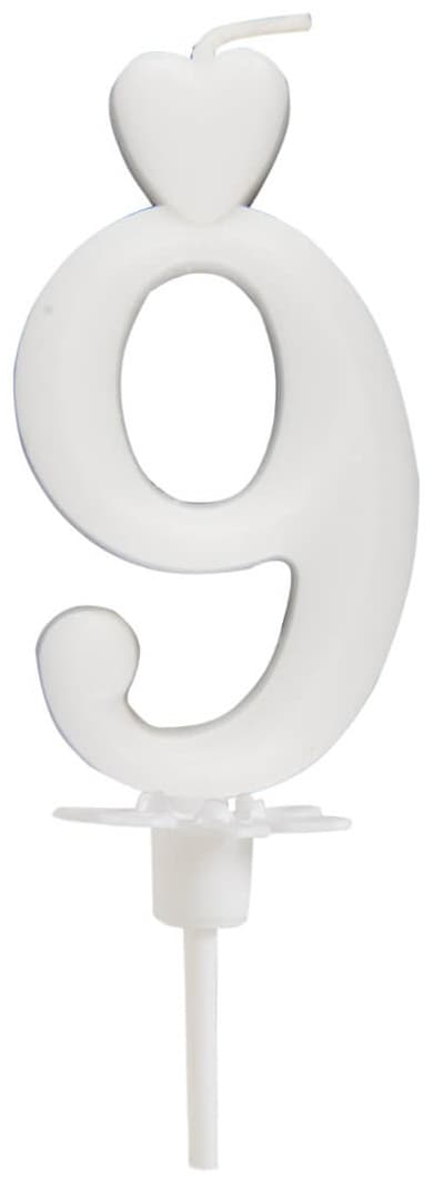 Hjärtljus Numero 9 valkoinen 6,5 cm