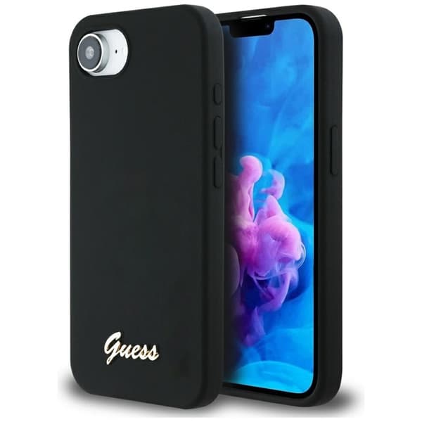 Guess silikoninen Script Metal Logo MagSafe -suojakuori iPhone 16e:lle (musta)