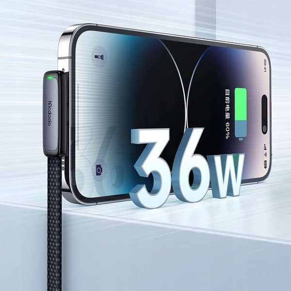 MCDODO Vinklet USB-C Lightning fladkabel 36W til iPhone 12 13 14 sort 2m