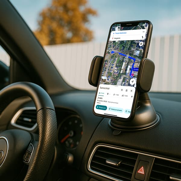 Musta imukupilla varustettu puhelinpidike autoon ohjaamoon