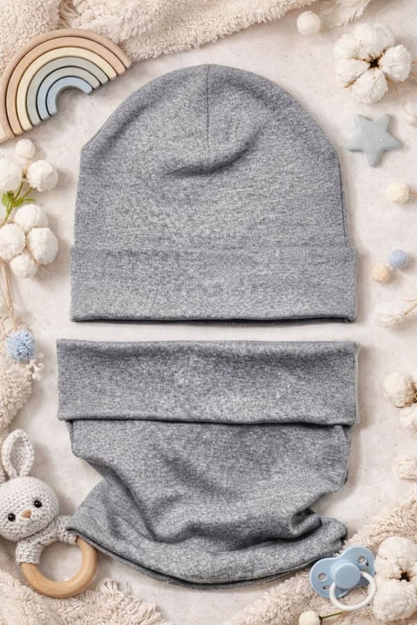 Mössa och halsduk set 56-68 babyset 34/38 vårmelange grå