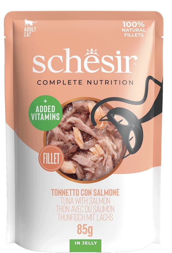 Schesir | Filéfoder för katter | 85 g påse - Tonfisk med lax i gelé 85 g