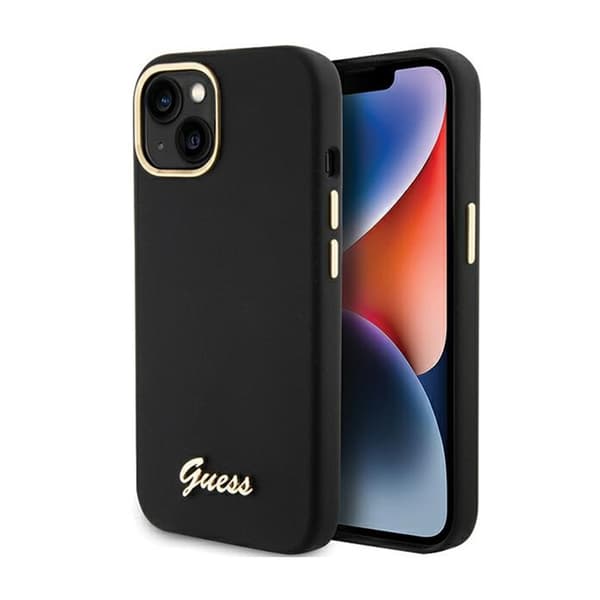 Guess Silikone Metal Logo & Ramme - iPhone 15 Etui (Sort)