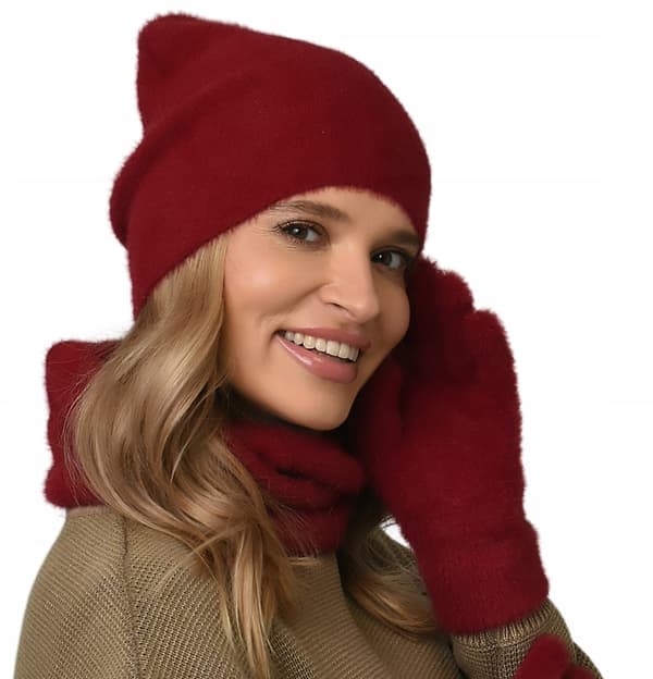 Vinröd damset Mössa + Tubhalsduk + Handskar Vintervarmt set