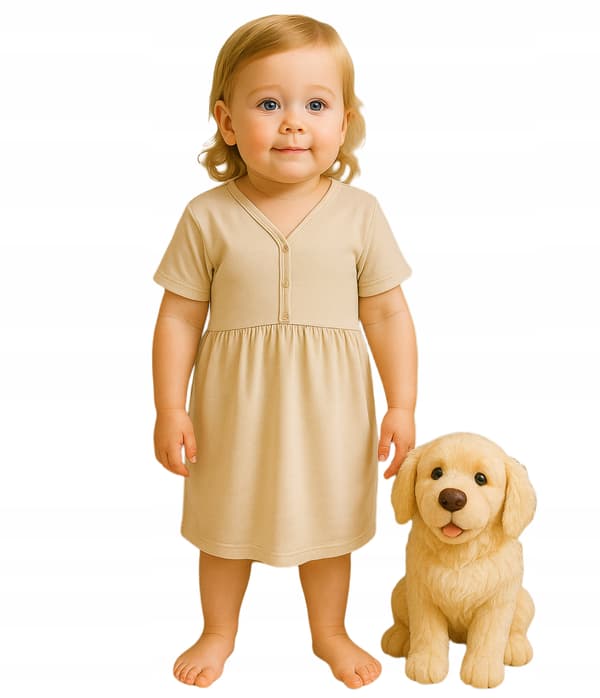 Flickpyjamas med kort ärm och knappar, BEIGE