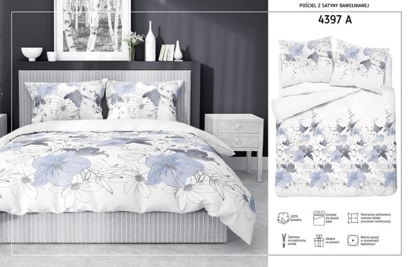 Satinsängkläder 220x200 Blommor Blå Ljus Satin