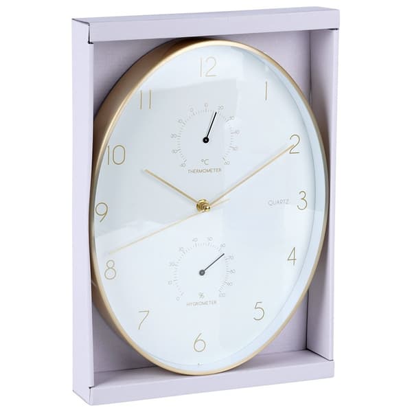 Väggklocka vit och guld med termometer och hygrometer 27x34,5 cm