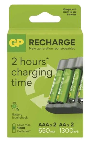 GP B441 NiMH Batterioplader + 2 AA 1300 mAh AAA 650 Batterier Grå