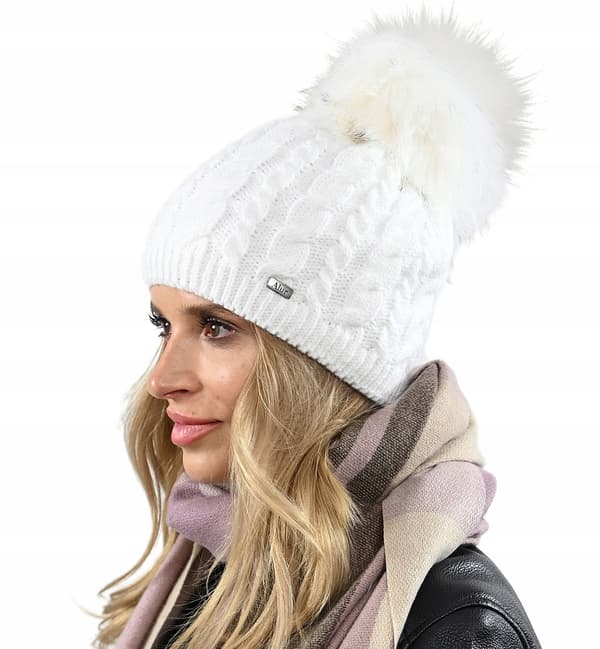 Hvid varm dame vinterhue med pompon, fleeceforet hue UNI