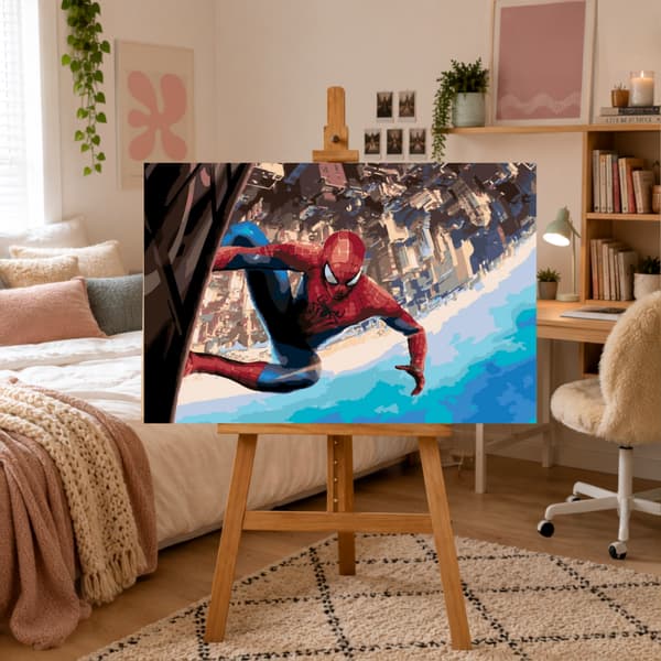 Måla efter nummer-bild med ram Spiderman över Marvel City 70x50 cm
